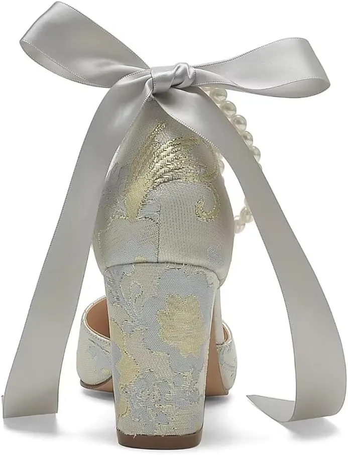 Floral Satin Wedding Shoes for Bride Block Heel Pointed Toe Pearl Bridal Shoes Wedding Heels