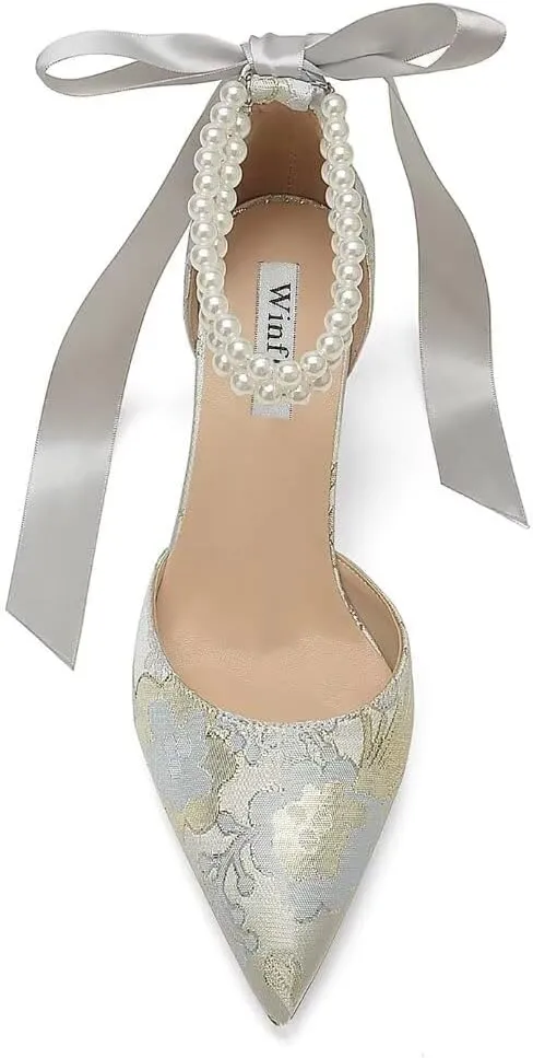 Floral Satin Wedding Shoes for Bride Block Heel Pointed Toe Pearl Bridal Shoes Wedding Heels