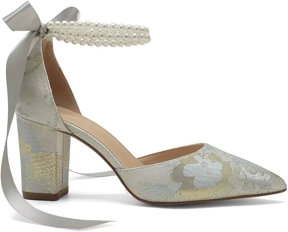 Floral Satin Wedding Shoes for Bride Block Heel Pointed Toe Pearl Bridal Shoes Wedding Heels