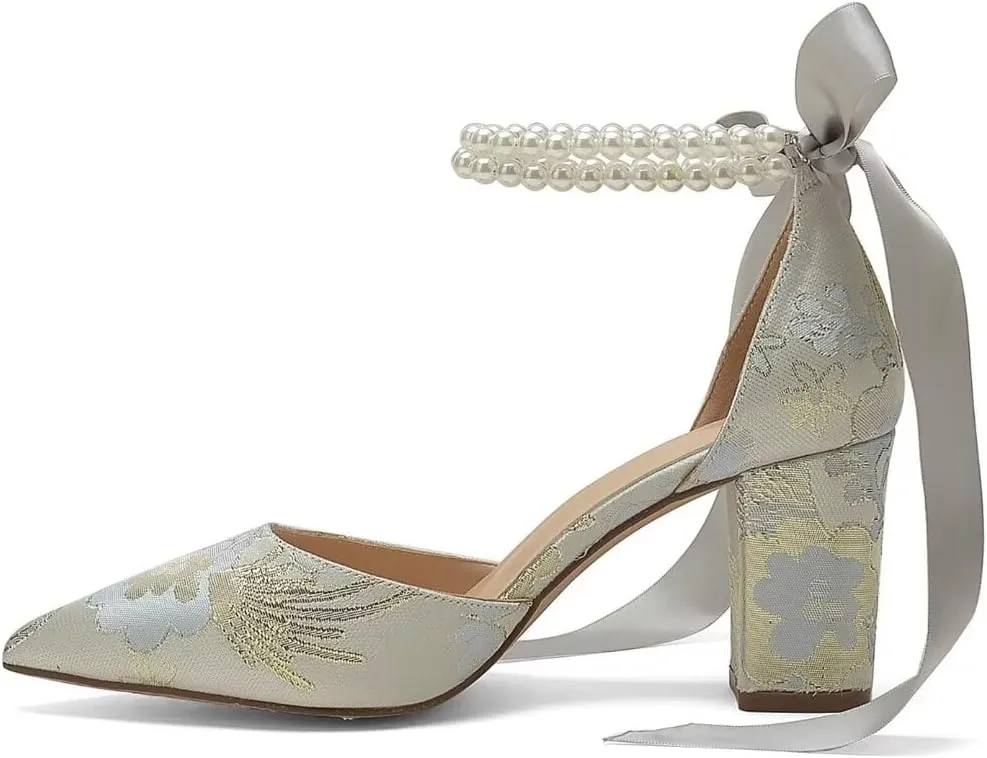 Floral Satin Wedding Shoes for Bride Block Heel Pointed Toe Pearl Bridal Shoes Wedding Heels