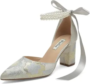 Floral Satin Wedding Shoes for Bride Block Heel Pointed Toe Pearl Bridal Shoes Wedding Heels