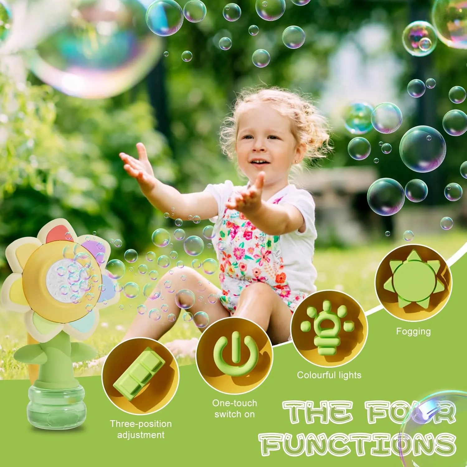 Flower Bubble Machine for Kids Automatic Sunflower Bubble Toy with LED Lighting & 10 Refill Solutions, Fun Swing Dance Bubble Maker Rechargeable Bubble Blower for Outdoor Summer Play (Yellow)
