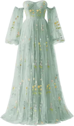 Flower Embroidery Tulle Prom Dresses for Women Corset Long Spaghetti Strap Fairy Ruched Formal Evening Party Gown