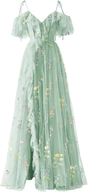 Flower Embroidery Tulle Prom Dresses for Women Spaghetti Straps Ruffle Long Formal Evening Party Gown