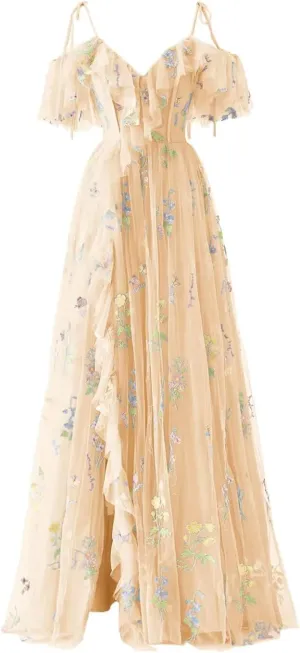 Flower Embroidery Tulle Prom Dresses for Women Spaghetti Straps Ruffle Long Formal Evening Party Gown