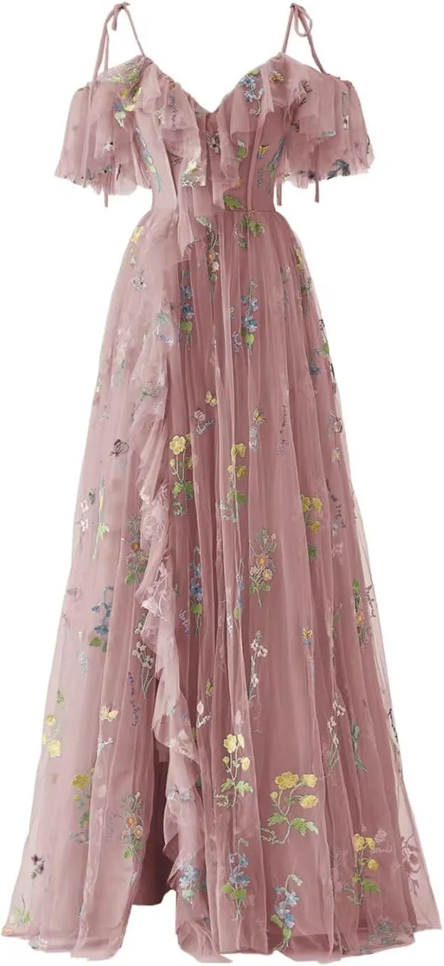 Flower Embroidery Tulle Prom Dresses for Women Spaghetti Straps Ruffle Long Formal Evening Party Gown