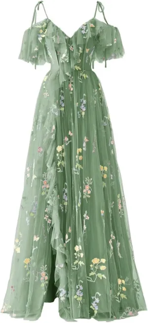 Flower Embroidery Tulle Prom Dresses for Women Spaghetti Straps Ruffle Long Formal Evening Party Gown