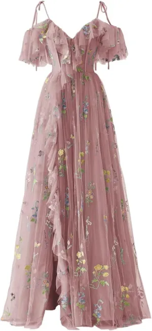 Flower Embroidery Tulle Prom Dresses for Women Spaghetti Straps Ruffle Long Formal Evening Party Gown