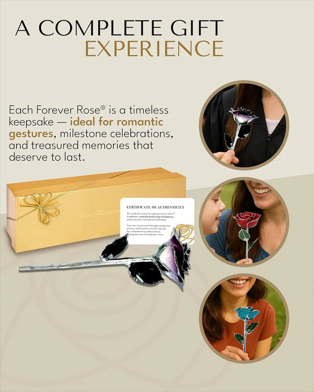 Forever Rose Real 2-Tone Purple Rose with Platinum Trimmed Petals and Platinum Stem, Handcrafted Preserved Rose in Luxury Gold Gift Box, Romantic Gift for Her, Elegant Gift for Any Occasion