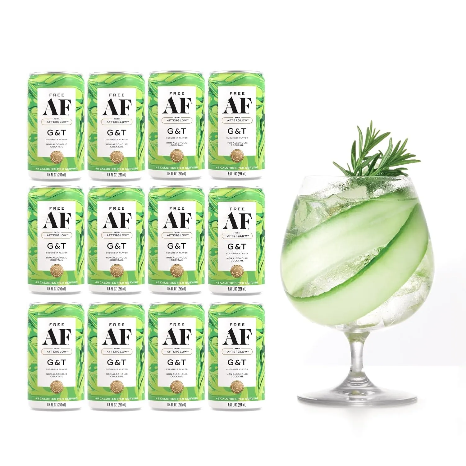 FREE AF Non-Alcoholic Drinks Cucumber G&T | Alcohol Alternative Sparkling Cocktails with AFTERGLOW Botanical Warmth | Gluten-Free, Low-Calorie | 8.4 oz Cans (12-Pack)