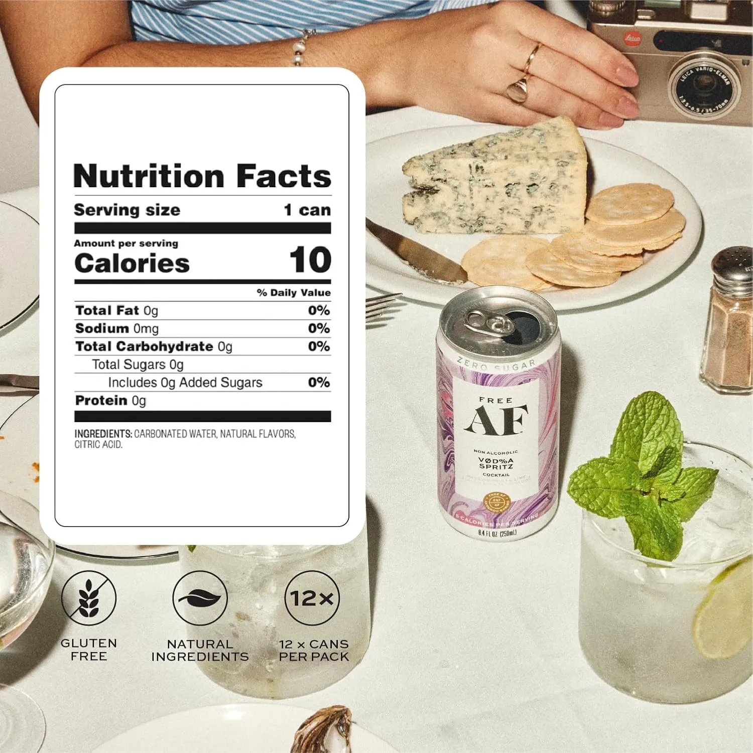 FREE AF Non-Alcoholic Drinks Vodka Spritz | Alcohol Alternative Sparkling Cocktails with AFTERGLOW Botanical Warmth | Gluten-Free, Low-Calorie | 8.4 oz Cans (12-Pack)