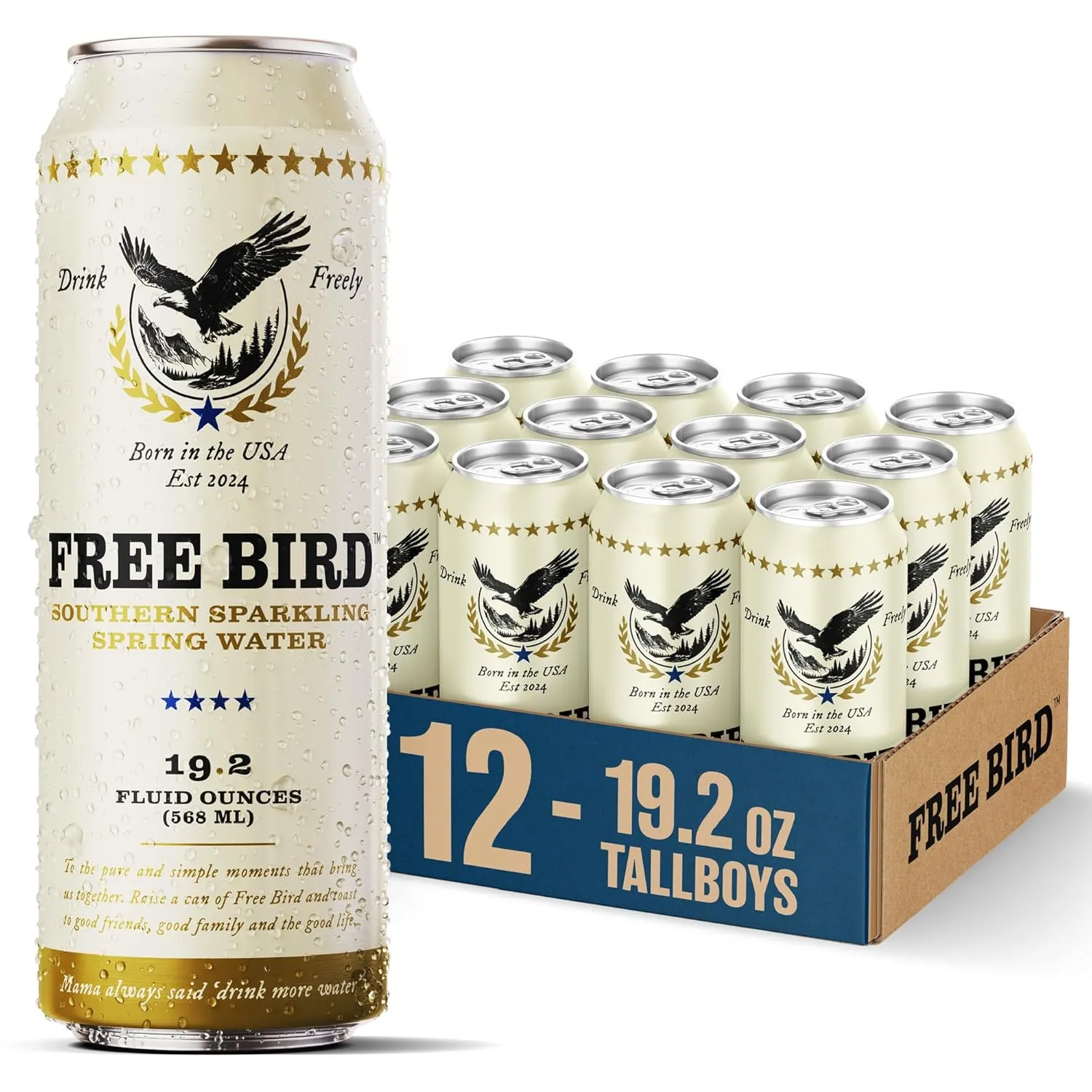 Free Bird, Sparkling Southern Spring Water, 12-Pack (19.2oz Tallboy Cans) – Unflavored Carbonated Zero Sugar, Crisp & Bubbly, Blue Ridge Mountain Water