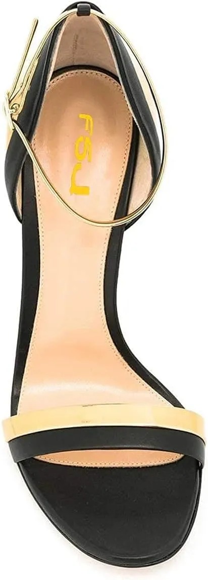 FSJ Women Flower Gold Metal Chain Chunky High Heels Ankle Strap Sandals Open Toe Fashion Summer Dressy Shoes Size 4-15 US