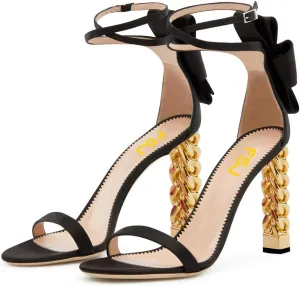 FSJ Women Flower Gold Metal Chain Chunky High Heels Ankle Strap Sandals Open Toe Fashion Summer Dressy Shoes Size 4-15 US