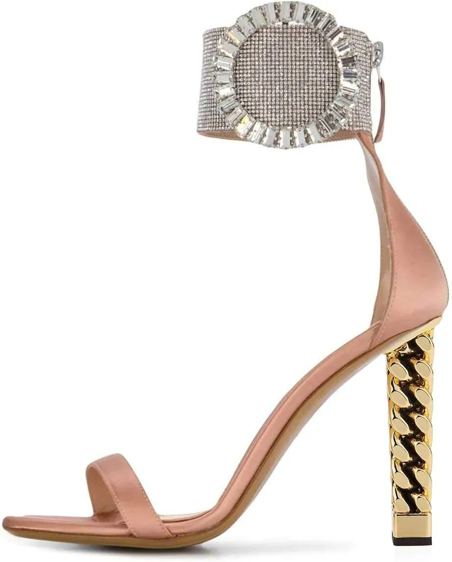 FSJ Women Flower Gold Metal Chain Chunky High Heels Ankle Strap Sandals Open Toe Fashion Summer Dressy Shoes Size 4-15 US