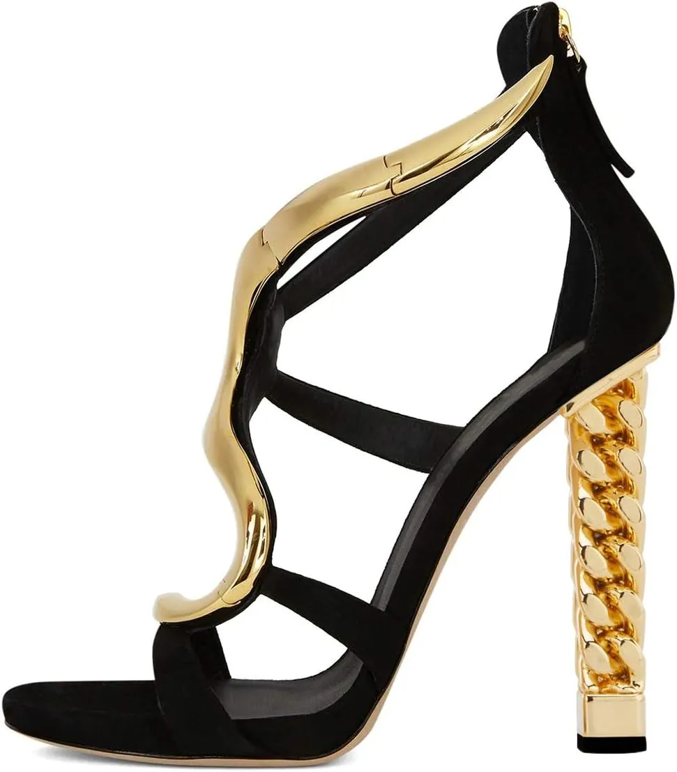 FSJ Women Flower Gold Metal Chain Chunky High Heels Ankle Strap Sandals Open Toe Fashion Summer Dressy Shoes Size 4-15 US
