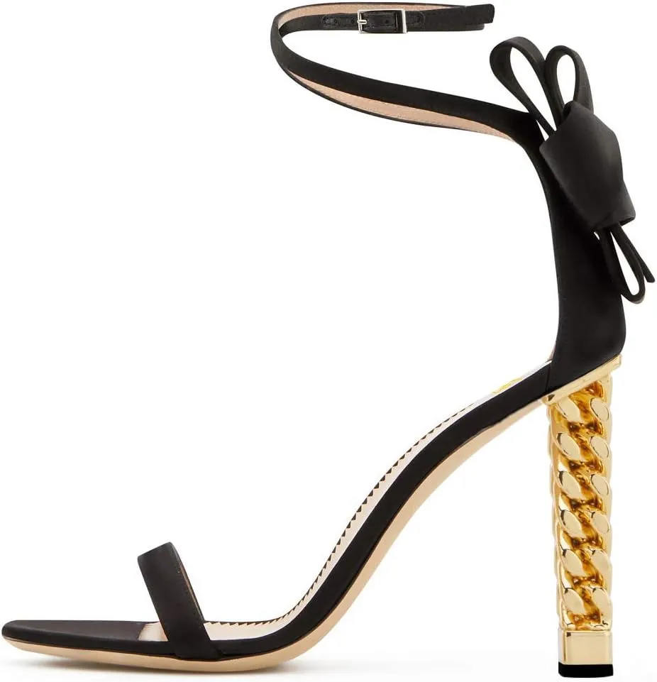 FSJ Women Flower Gold Metal Chain Chunky High Heels Ankle Strap Sandals Open Toe Fashion Summer Dressy Shoes Size 4-15 US