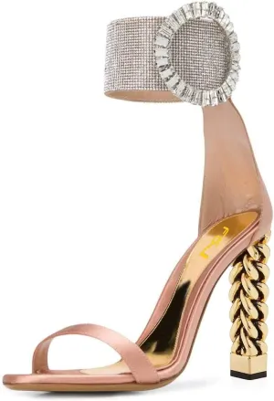 FSJ Women Flower Gold Metal Chain Chunky High Heels Ankle Strap Sandals Open Toe Fashion Summer Dressy Shoes Size 4-15 US