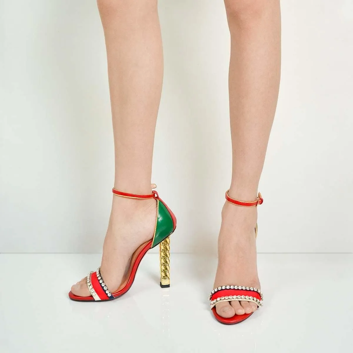 FSJ Women Flower Gold Metal Chain Chunky High Heels Ankle Strap Sandals Open Toe Fashion Summer Dressy Shoes Size 4-15 US