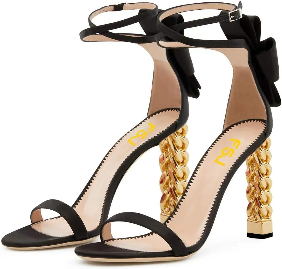 FSJ Women Flower Gold Metal Chain Chunky High Heels Ankle Strap Sandals Open Toe Fashion Summer Dressy Shoes Size 4-15 US
