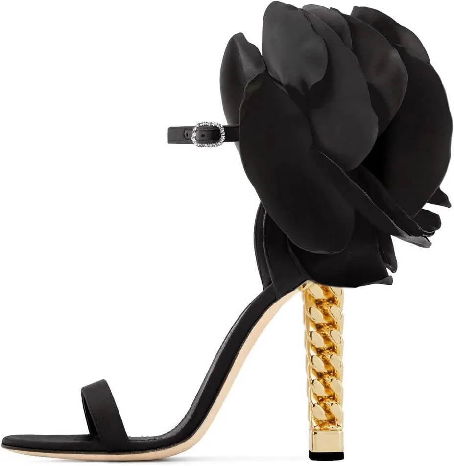 FSJ Women Flower Gold Metal Chain Chunky High Heels Ankle Strap Sandals Open Toe Fashion Summer Dressy Shoes Size 4-15 US