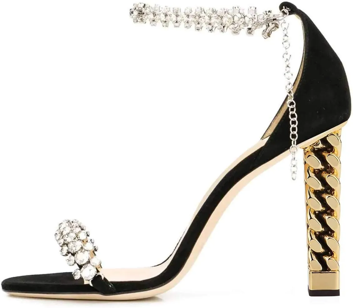 FSJ Women Flower Gold Metal Chain Chunky High Heels Ankle Strap Sandals Open Toe Fashion Summer Dressy Shoes Size 4-15 US