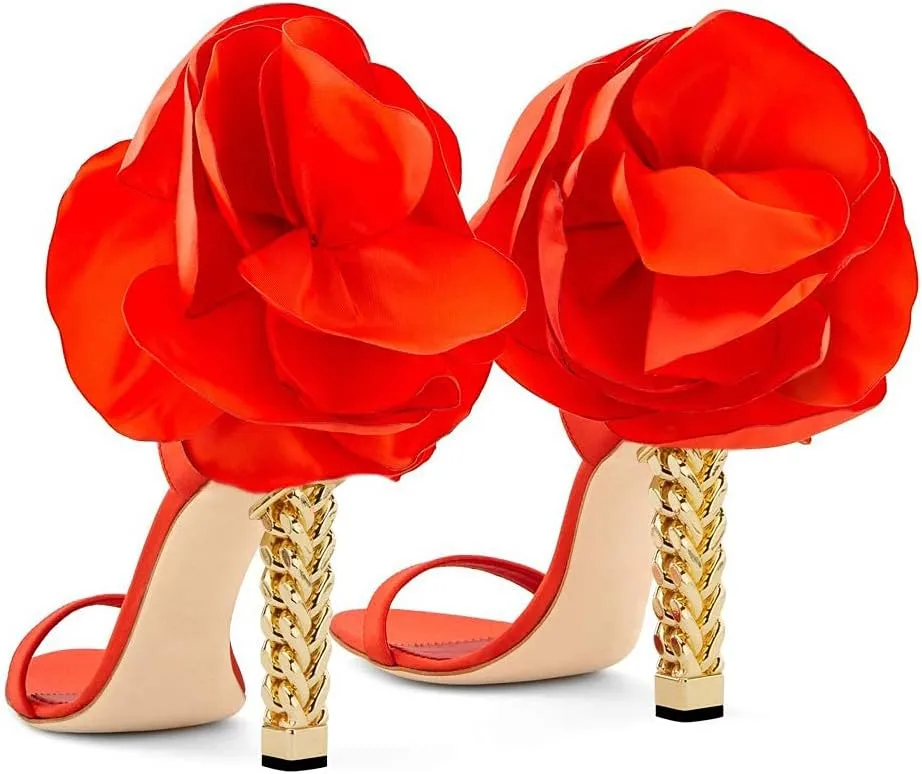 FSJ Women Flower Gold Metal Chain Chunky High Heels Ankle Strap Sandals Open Toe Fashion Summer Dressy Shoes Size 4-15 US