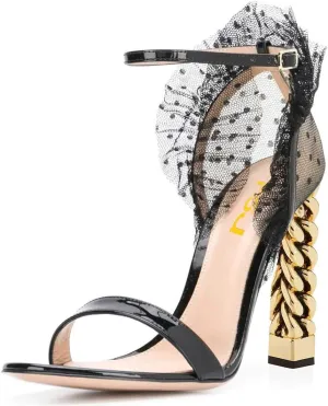 FSJ Women Flower Gold Metal Chain Chunky High Heels Ankle Strap Sandals Open Toe Fashion Summer Dressy Shoes Size 4-15 US