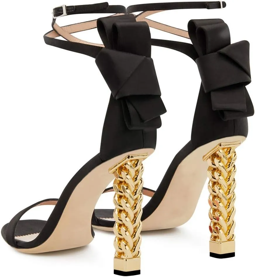 FSJ Women Flower Gold Metal Chain Chunky High Heels Ankle Strap Sandals Open Toe Fashion Summer Dressy Shoes Size 4-15 US