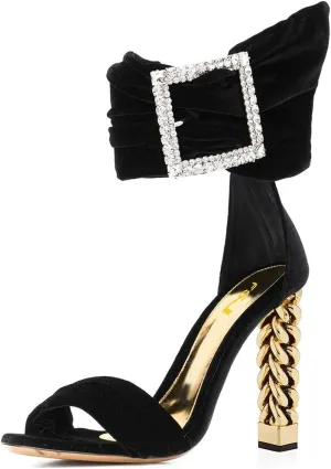 FSJ Women Flower Gold Metal Chain Chunky High Heels Ankle Strap Sandals Open Toe Fashion Summer Dressy Shoes Size 4-15 US