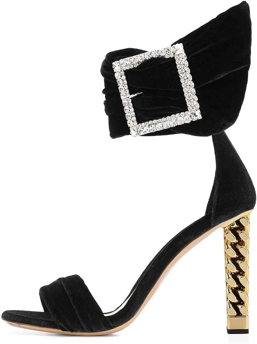 FSJ Women Flower Gold Metal Chain Chunky High Heels Ankle Strap Sandals Open Toe Fashion Summer Dressy Shoes Size 4-15 US