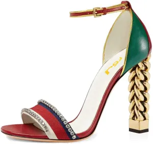 FSJ Women Flower Gold Metal Chain Chunky High Heels Ankle Strap Sandals Open Toe Fashion Summer Dressy Shoes Size 4-15 US