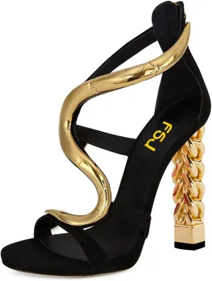 FSJ Women Flower Gold Metal Chain Chunky High Heels Ankle Strap Sandals Open Toe Fashion Summer Dressy Shoes Size 4-15 US