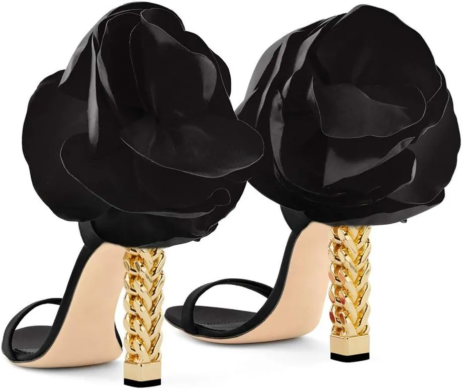 FSJ Women Flower Gold Metal Chain Chunky High Heels Ankle Strap Sandals Open Toe Fashion Summer Dressy Shoes Size 4-15 US