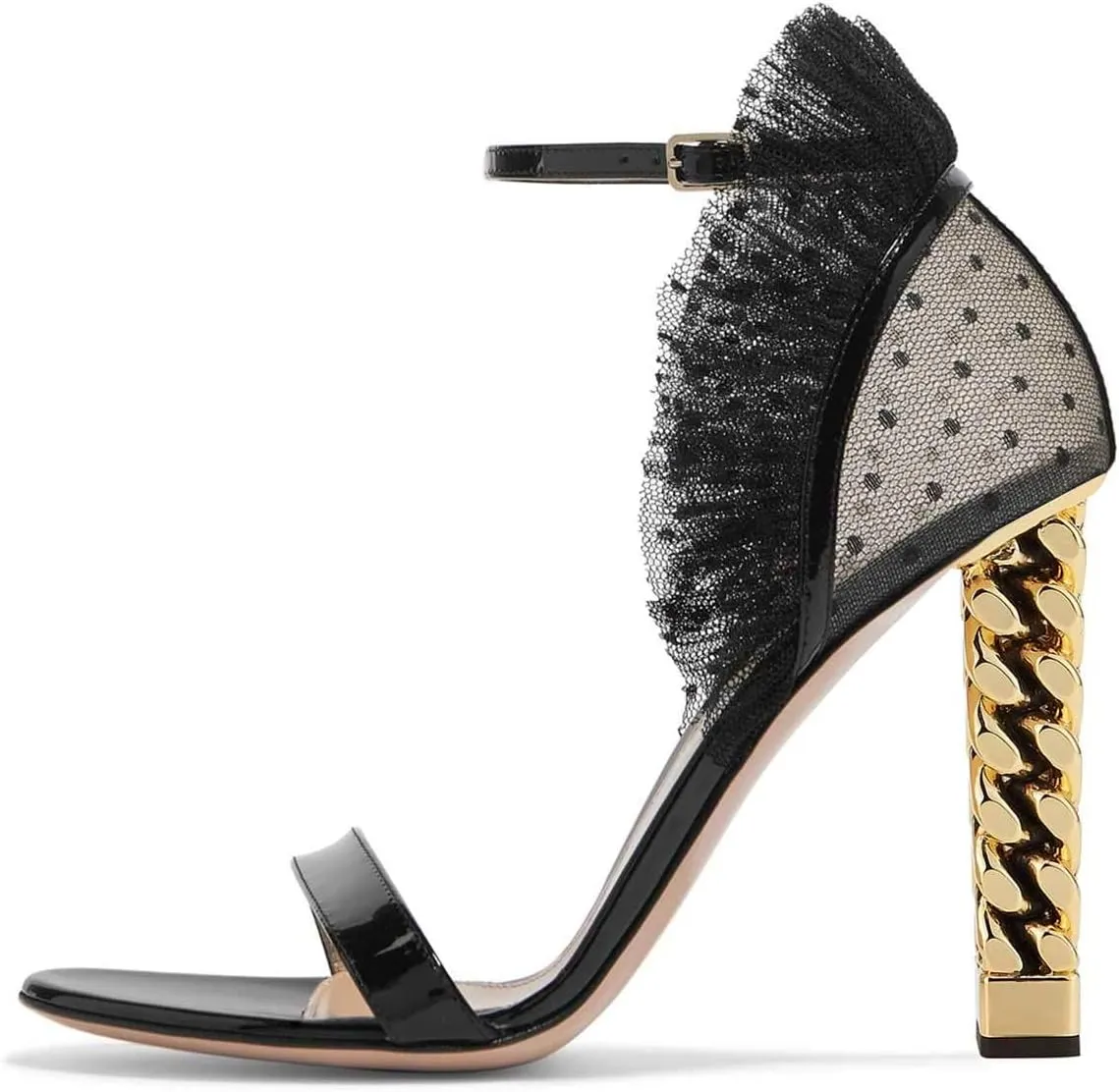 FSJ Women Flower Gold Metal Chain Chunky High Heels Ankle Strap Sandals Open Toe Fashion Summer Dressy Shoes Size 4-15 US