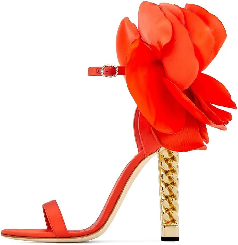 FSJ Women Flower Gold Metal Chain Chunky High Heels Ankle Strap Sandals Open Toe Fashion Summer Dressy Shoes Size 4-15 US