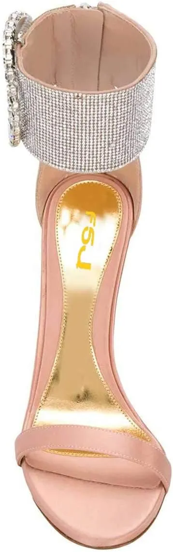FSJ Women Flower Gold Metal Chain Chunky High Heels Ankle Strap Sandals Open Toe Fashion Summer Dressy Shoes Size 4-15 US