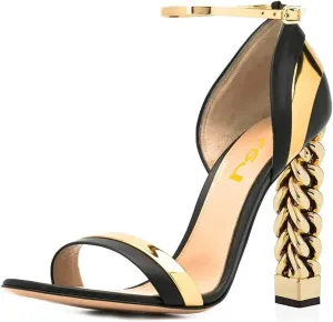 FSJ Women Flower Gold Metal Chain Chunky High Heels Ankle Strap Sandals Open Toe Fashion Summer Dressy Shoes Size 4-15 US