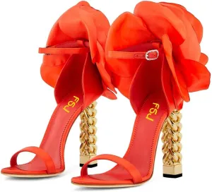 FSJ Women Flower Gold Metal Chain Chunky High Heels Ankle Strap Sandals Open Toe Fashion Summer Dressy Shoes Size 4-15 US