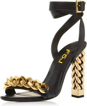 FSJ Women Flower Gold Metal Chain Chunky High Heels Ankle Strap Sandals Open Toe Fashion Summer Dressy Shoes Size 4-15 US