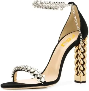 FSJ Women Flower Gold Metal Chain Chunky High Heels Ankle Strap Sandals Open Toe Fashion Summer Dressy Shoes Size 4-15 US