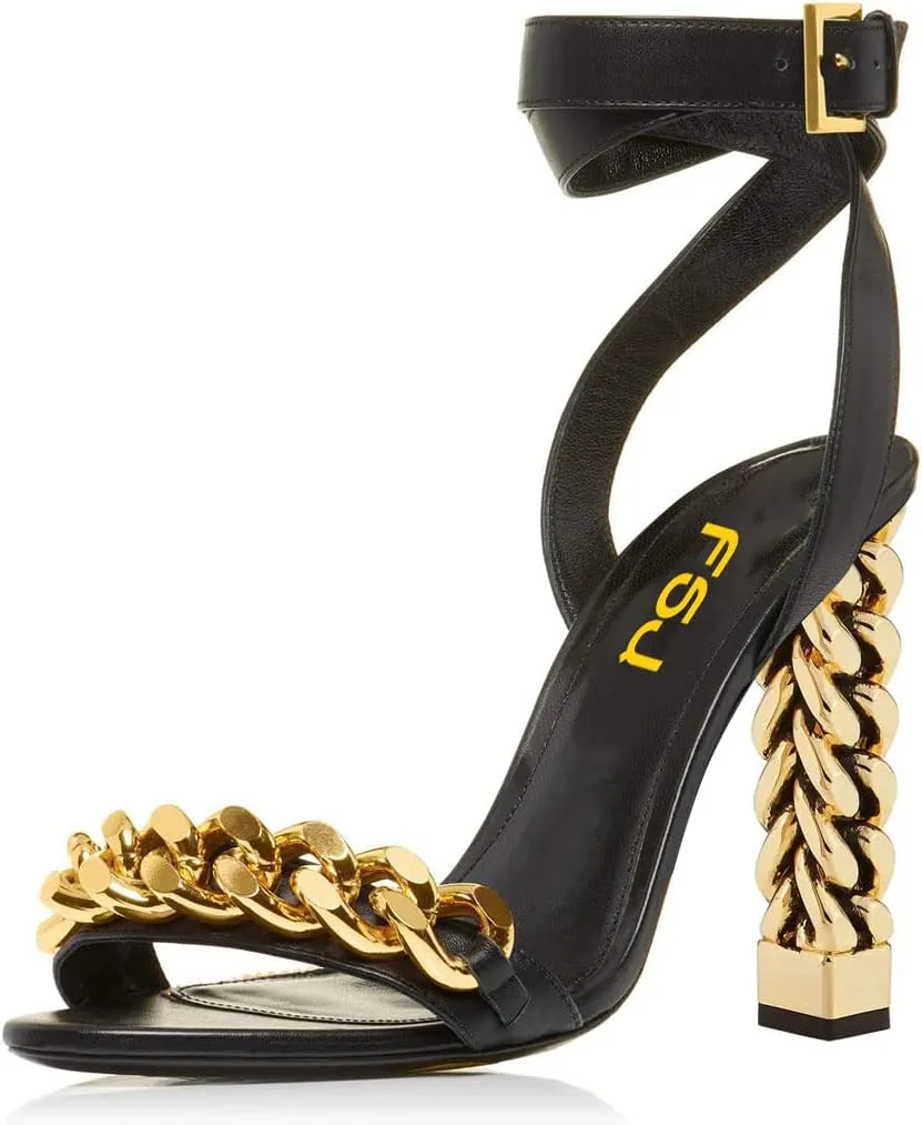 FSJ Women Flower Gold Metal Chain Chunky High Heels Ankle Strap Sandals Open Toe Fashion Summer Dressy Shoes Size 4-15 US
