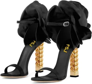 FSJ Women Flower Gold Metal Chain Chunky High Heels Ankle Strap Sandals Open Toe Fashion Summer Dressy Shoes Size 4-15 US