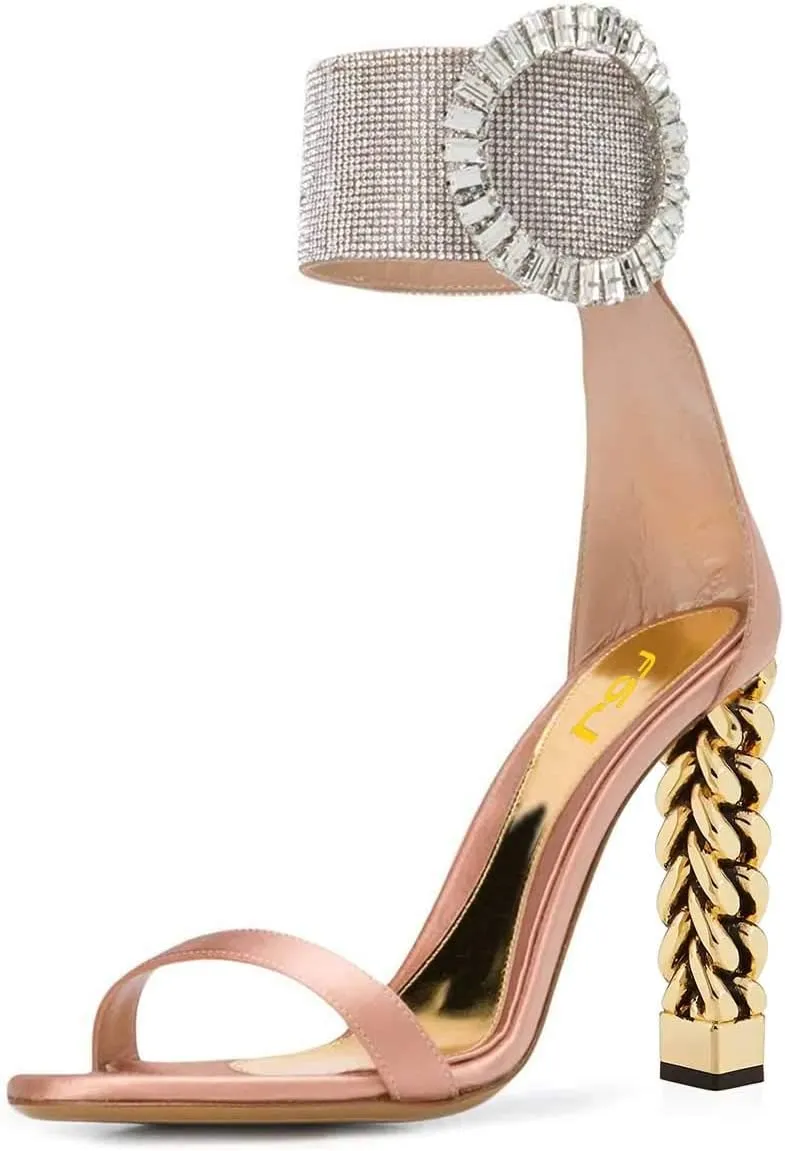 FSJ Women Flower Gold Metal Chain Chunky High Heels Ankle Strap Sandals Open Toe Fashion Summer Dressy Shoes Size 4-15 US