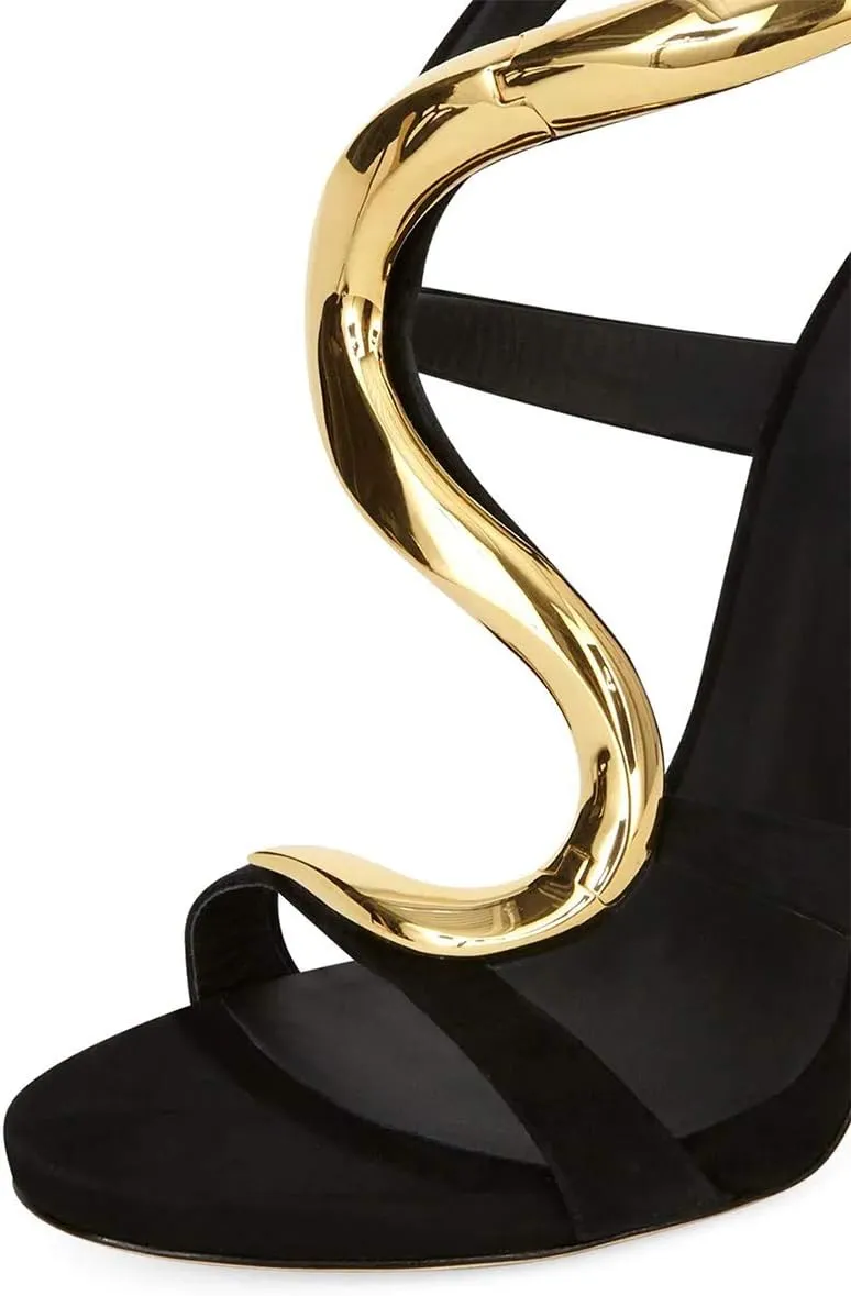 FSJ Women Flower Gold Metal Chain Chunky High Heels Ankle Strap Sandals Open Toe Fashion Summer Dressy Shoes Size 4-15 US