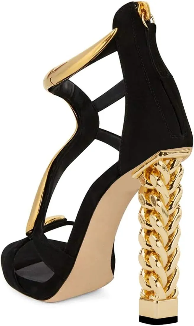 FSJ Women Flower Gold Metal Chain Chunky High Heels Ankle Strap Sandals Open Toe Fashion Summer Dressy Shoes Size 4-15 US