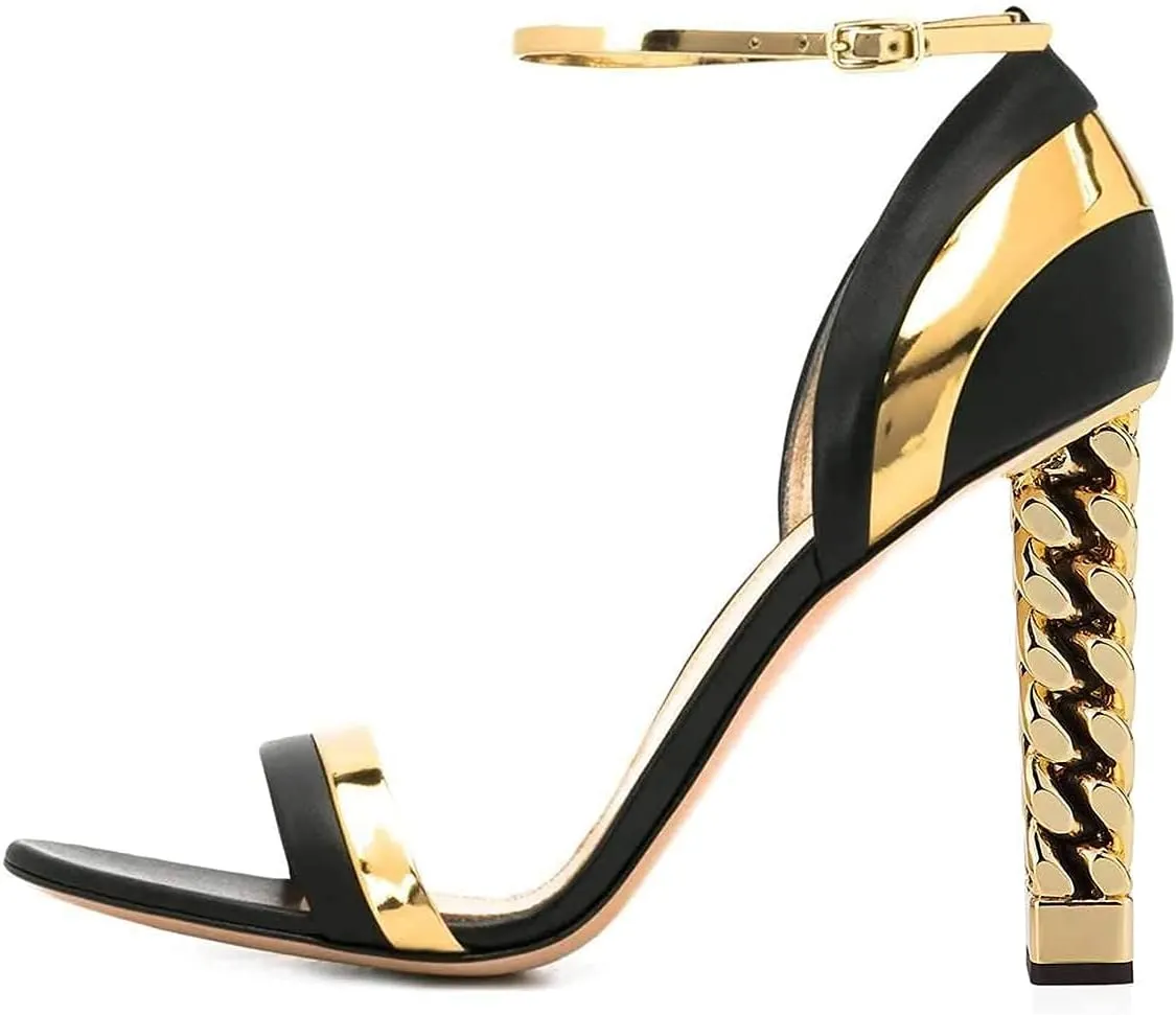 FSJ Women Flower Gold Metal Chain Chunky High Heels Ankle Strap Sandals Open Toe Fashion Summer Dressy Shoes Size 4-15 US