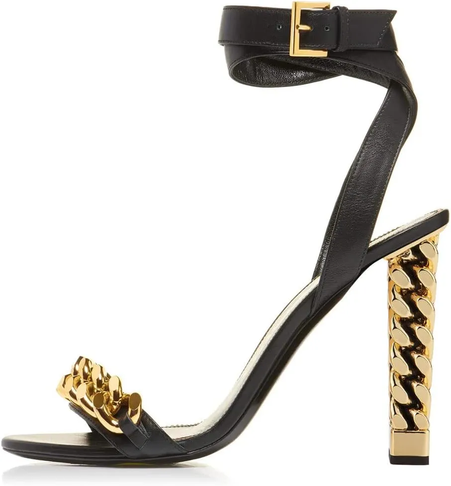 FSJ Women Flower Gold Metal Chain Chunky High Heels Ankle Strap Sandals Open Toe Fashion Summer Dressy Shoes Size 4-15 US