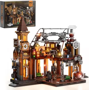 FUNWHOLE Train-Station Lighting Building Bricks Set - Steampunk LED Light Building Set 1843 Pieces for Adults and Teens