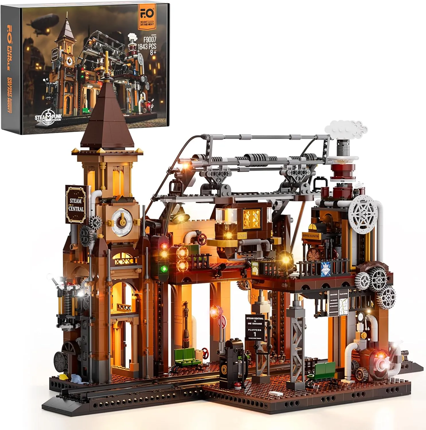 FUNWHOLE Train-Station Lighting Building Bricks Set - Steampunk LED Light Building Set 1843 Pieces for Adults and Teens